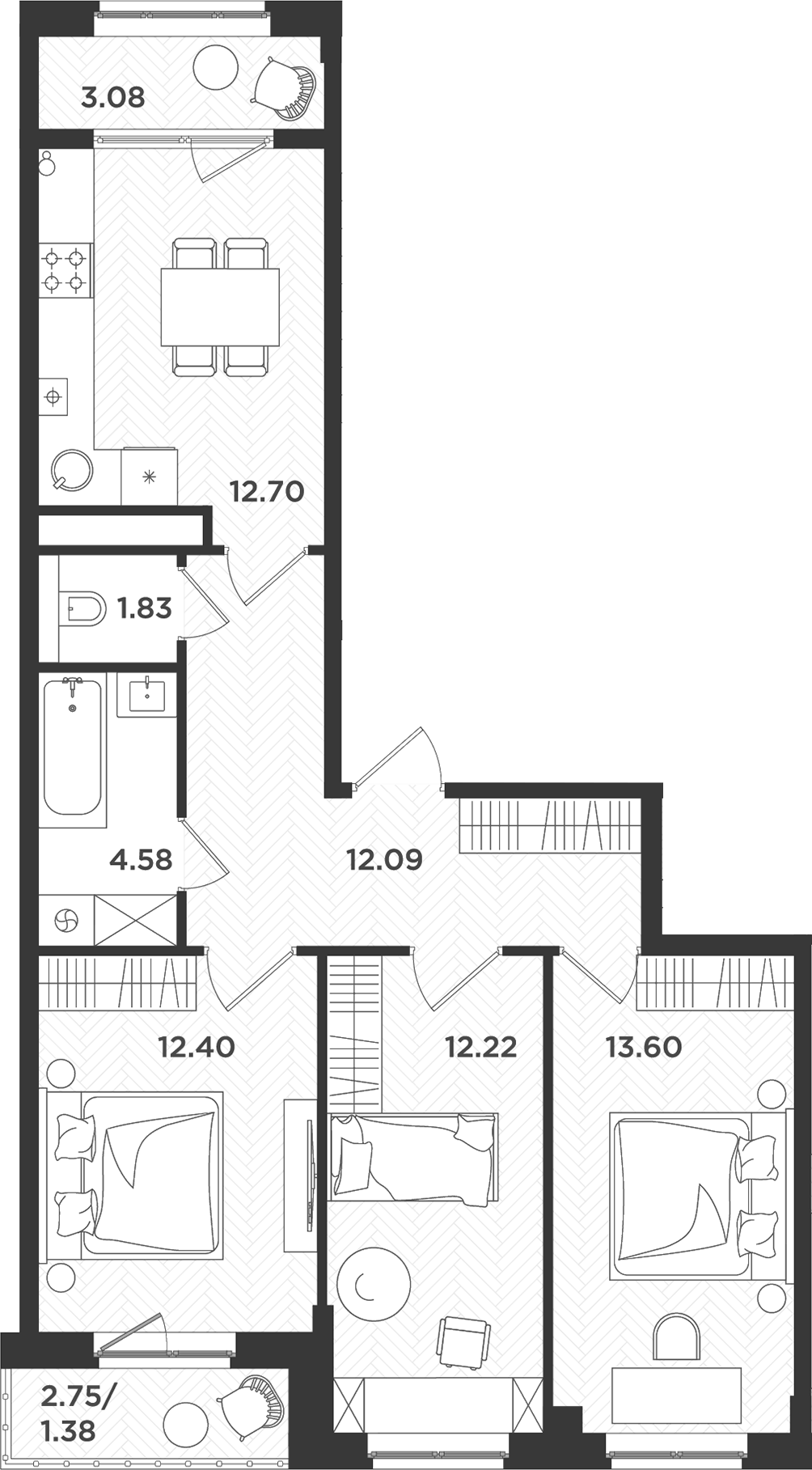 Планировка трёхкомнатная 73.88 м² в ЖК «Новокасимово», корпус ТХ-4