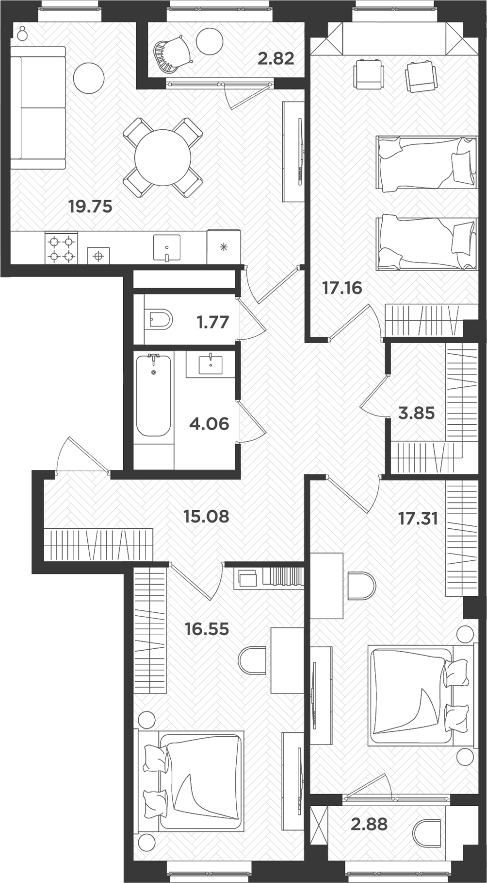 Планировка евро-4 (4Е) 101.23 м² в ЖК «Новокасимово», корпус ТХ-4