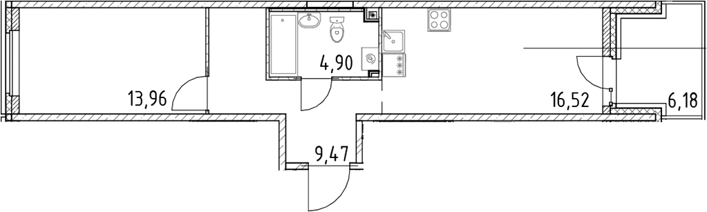 Планировка евродвушка (2Е) 51.03 м² в ЖК «ЦДС Новосаратовка. Город Первых», корпус 5
