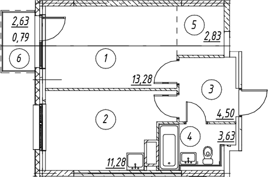 Планировка однокомнатная 36.31 м² в ЖК «Новые Лаврики», корпус 1.3