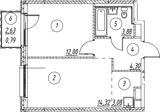 Планировка евродвушка (2Е) 38.37 м² в ЖК «Новые Лаврики», корпус 1.3