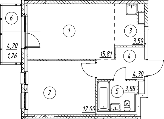 Планировка евродвушка (2Е) 40.84 м² в ЖК «Новые Лаврики», корпус 1.3