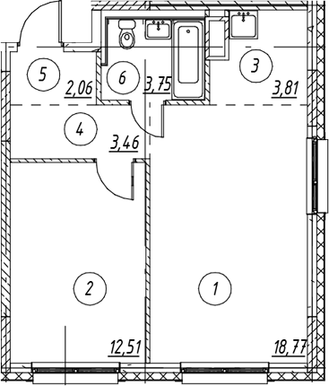 Планировка евродвушка (2Е) 44.36 м² в ЖК «Новые Лаврики», корпус 1.3
