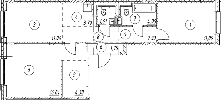 Планировка евротрёшка (3Е) 61.86 м² в ЖК «Новые Лаврики», корпус 1.3