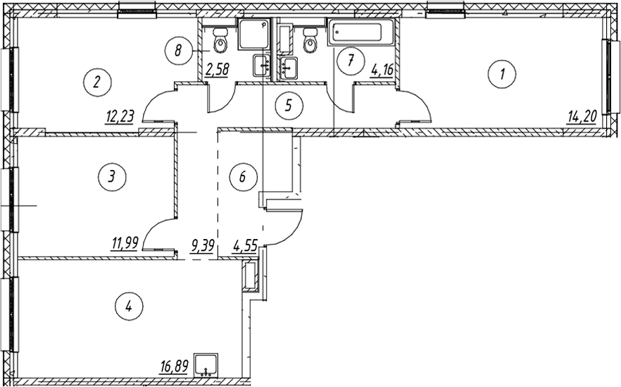 Планировка трёхкомнатная 75.99 м² в ЖК «Новые Лаврики», корпус 1.3