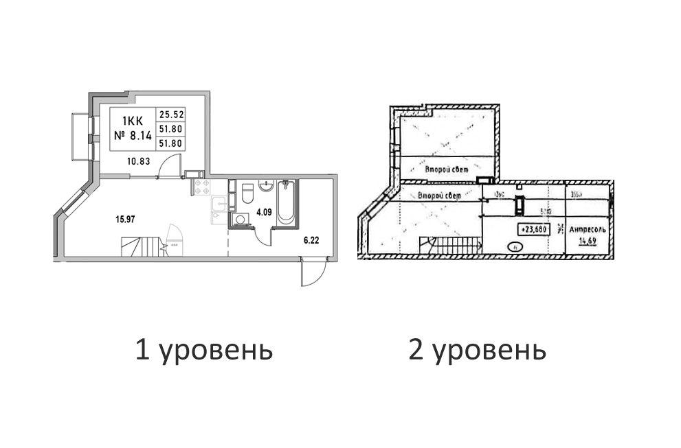 Планировка однокомнатная 51.8 м² в ЖК «Новый Город», корпус 1