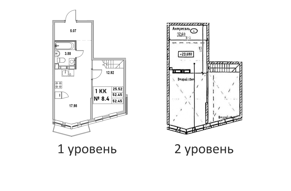 Планировка однокомнатная 52.45 м² в ЖК «Новый Город», корпус 1