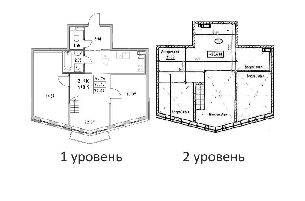 Планировка двухкомнатная 77.47 м² в ЖК «Новый Город», корпус 1