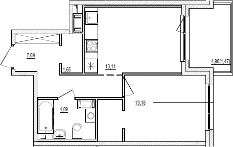 Планировка однокомнатная 40.59 м² в ЖК «Новый Ямбург», корпус 1.14