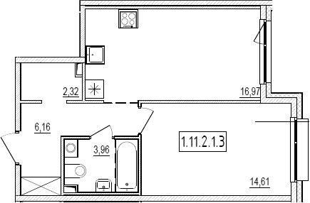 Планировка евродвушка (2Е) 44.02 м² в ЖК «Новый Ямбург», корпус 1.11