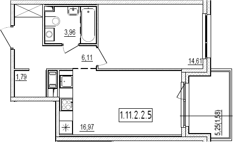 Планировка евродвушка (2Е) 45.02 м² в ЖК «Новый Ямбург», корпус 1.11
