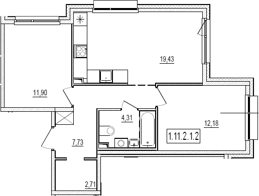 Планировка евротрёшка (3Е) 58.26 м² в ЖК «Новый Ямбург», корпус 1.11