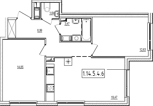 Планировка евротрёшка (3Е) 61.05 м² в ЖК «Новый Ямбург», корпус 1.14