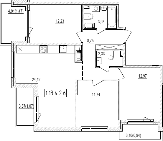 Планировка евро-4 (4Е) 79.85 м² в ЖК «Новый Ямбург», корпус 1.13