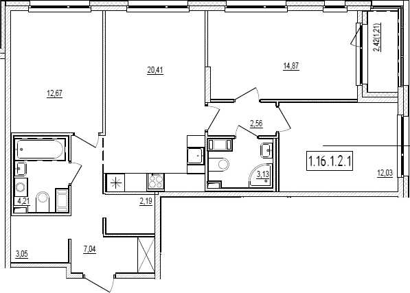 Планировка евро-4 (4Е) 83.37 м² в ЖК «Новый Ямбург», корпус 1.16