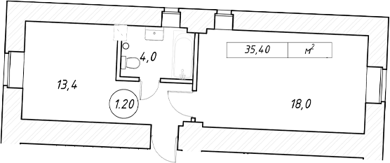 Планировка евродвушка (2Е) 35.4 м² в ЖК «пр-кт Обуховской Обороны, 42 к2», корпус 1