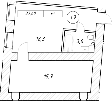 Планировка евродвушка (2Е) 37.6 м² в ЖК «пр-кт Обуховской Обороны, 42 к2», корпус 1