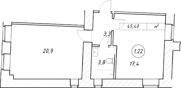 Планировка евродвушка (2Е) 45.4 м² в ЖК «пр-кт Обуховской Обороны, 42 к2», корпус 1