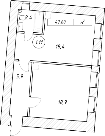 Планировка евродвушка (2Е) 47.6 м² в ЖК «пр-кт Обуховской Обороны, 42 к2», корпус 1
