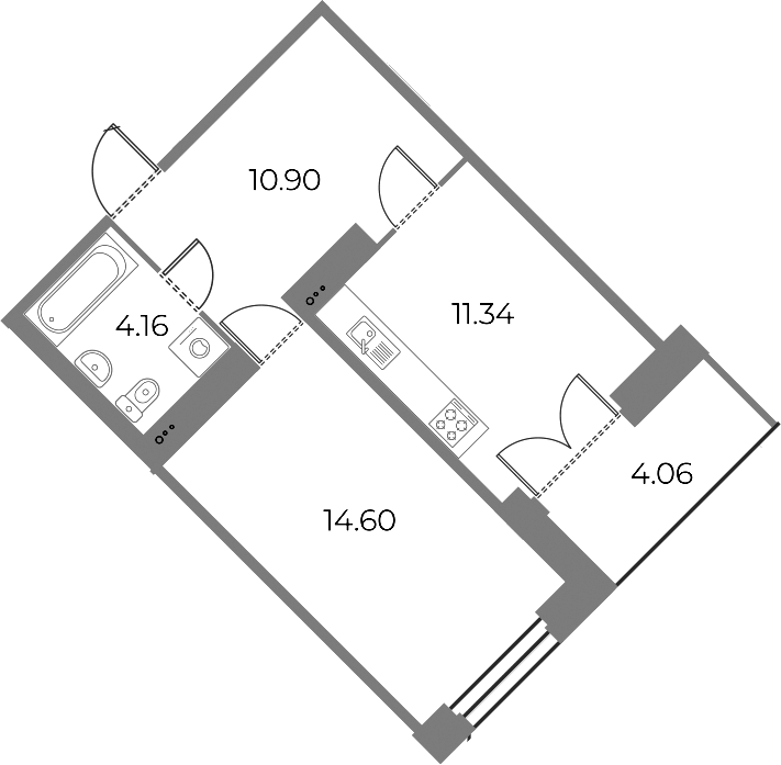 Планировка однокомнатная 43.03 м² в ЖК «Огни Залива», корпус 10