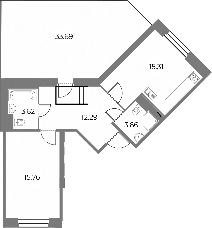 Планировка евродвушка (2Е) 60.75 м² в ЖК «Огни Залива», корпус 10