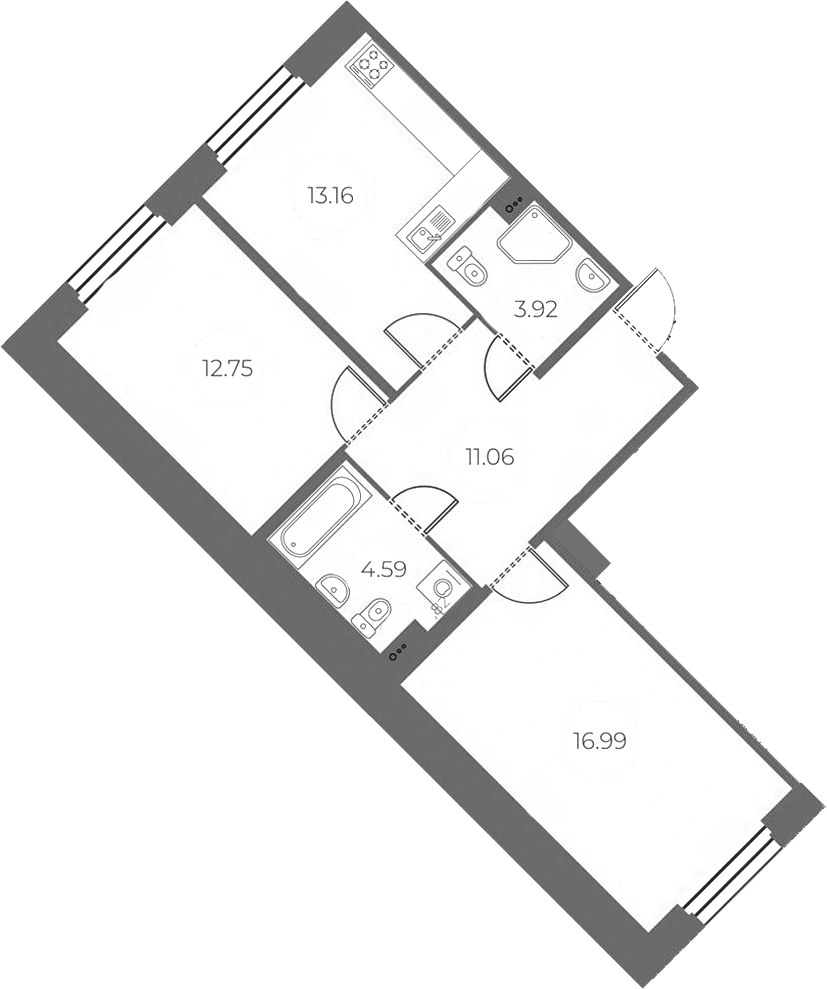 Планировка двухкомнатная 62.47 м² в ЖК «Огни Залива», корпус 10