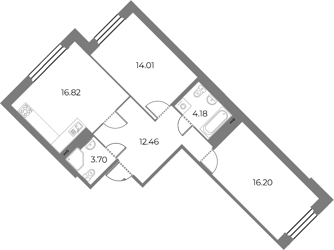 Планировка евротрёшка (3Е) 67.37 м² в ЖК «Огни Залива», корпус 10
