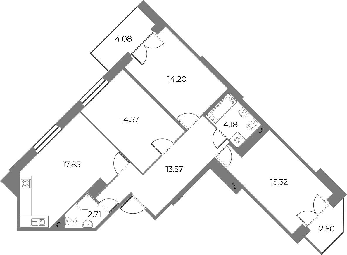 Планировка евро-4 (4Е) 85.69 м² в ЖК «Огни Залива», корпус 8