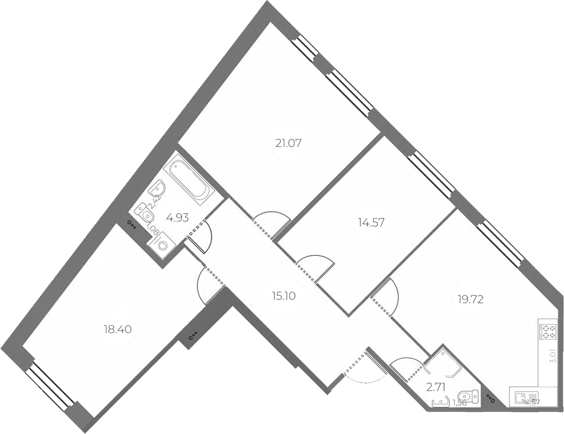 Планировка евро-4 (4Е) 96.5 м² в ЖК «Огни Залива», корпус 10
