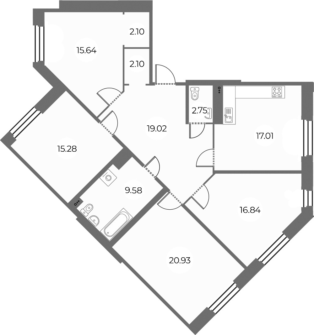 Планировка 5Е-к.кв 121.25 м² в ЖК «Огни Залива», корпус 10