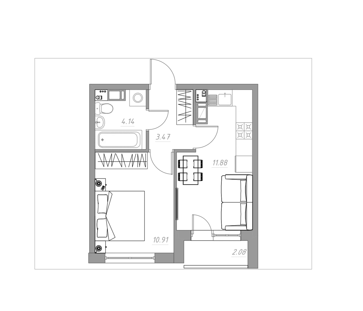 Планировка однокомнатная 31.45 м² в ЖК «Огоньки», корпус 3