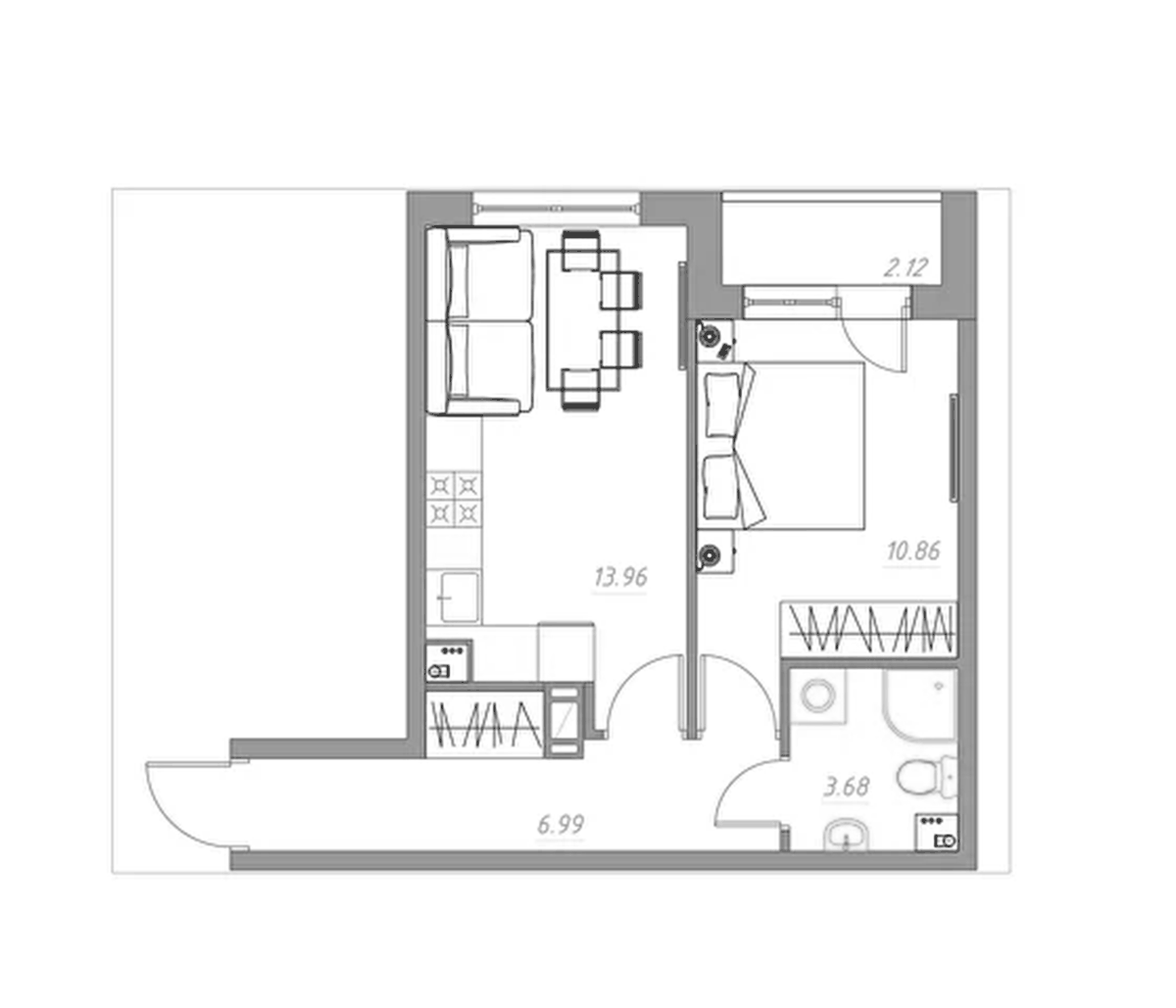 Планировка евродвушка (2Е) 36.55 м² в ЖК «Огоньки», корпус 3