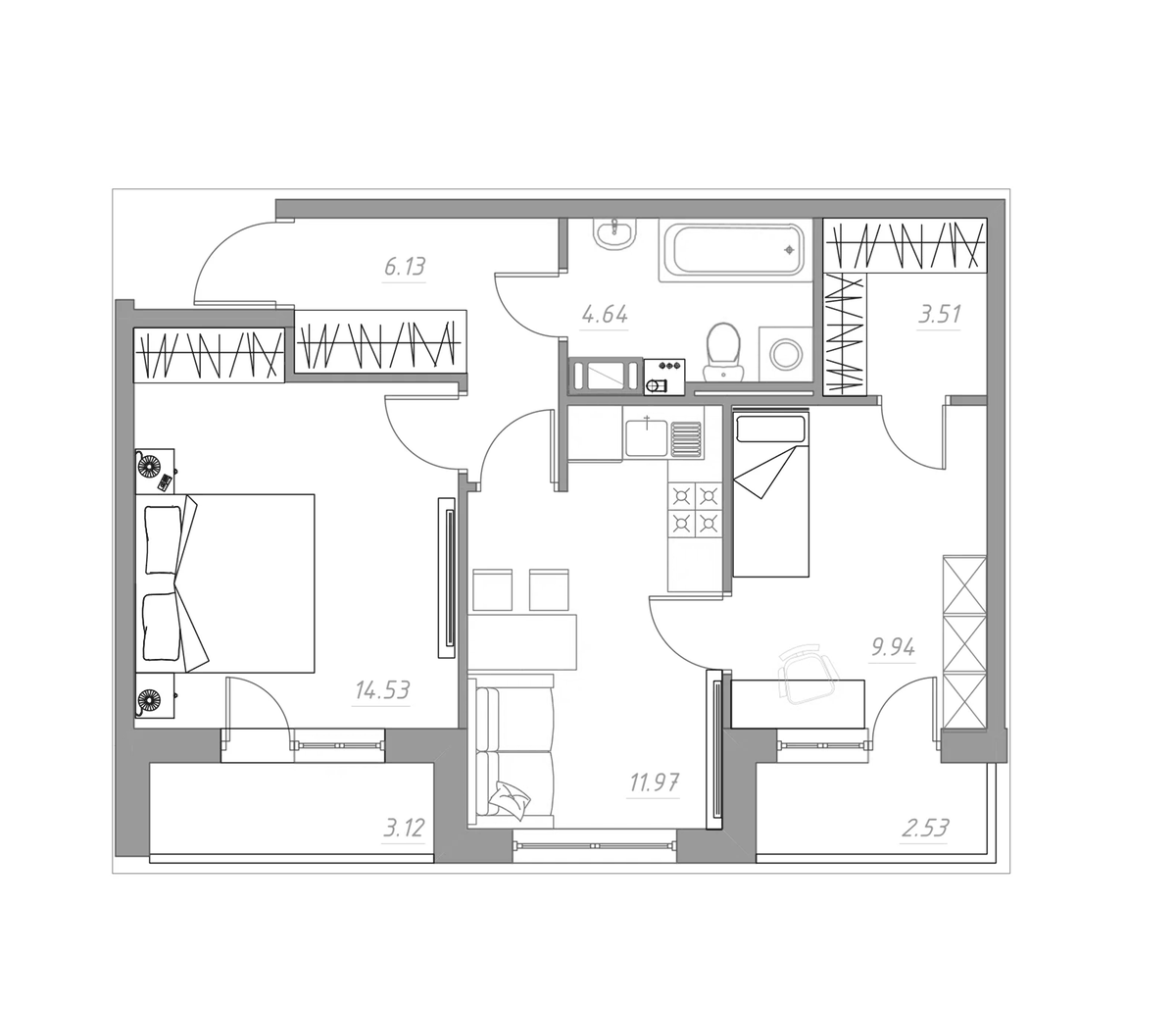 Планировка евротрёшка (3Е) 53.55 м² в ЖК «Огоньки», корпус 3