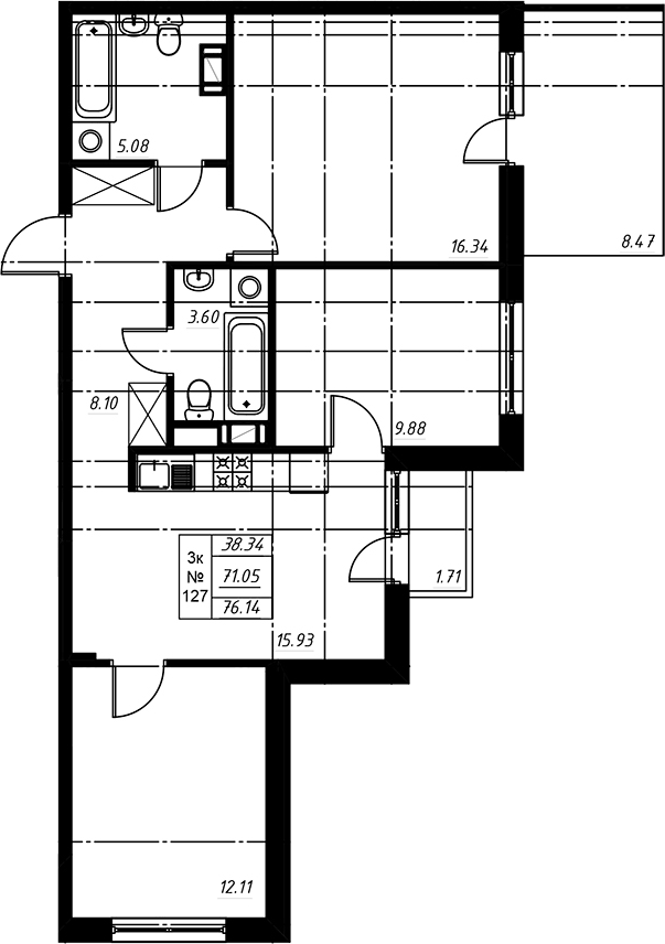 Планировка евро-4 (4Е) 76.27 м² в ЖК «Огоньки», корпус 3