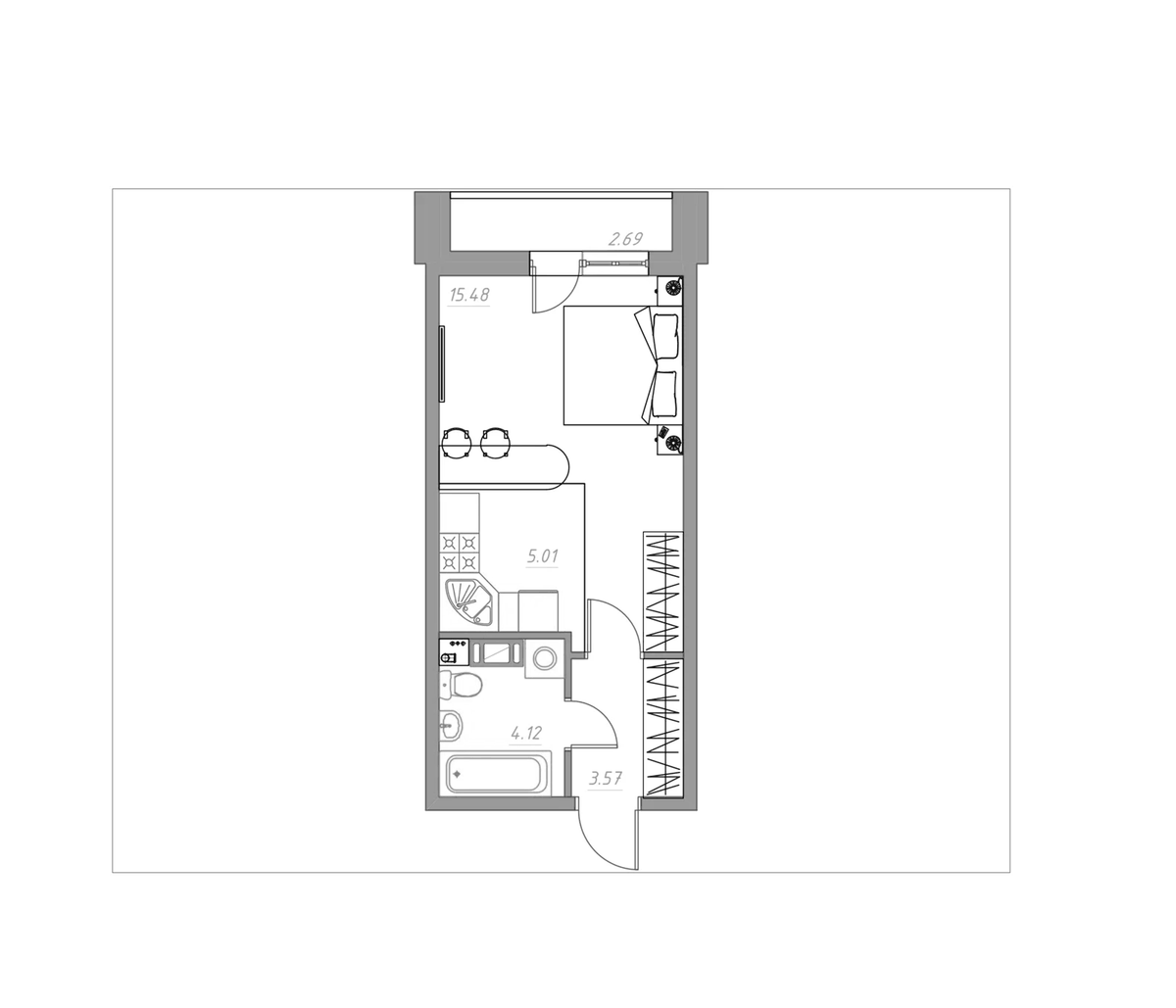 Планировка Студии 29.56 м² в ЖК «Огоньки», корпус 3
