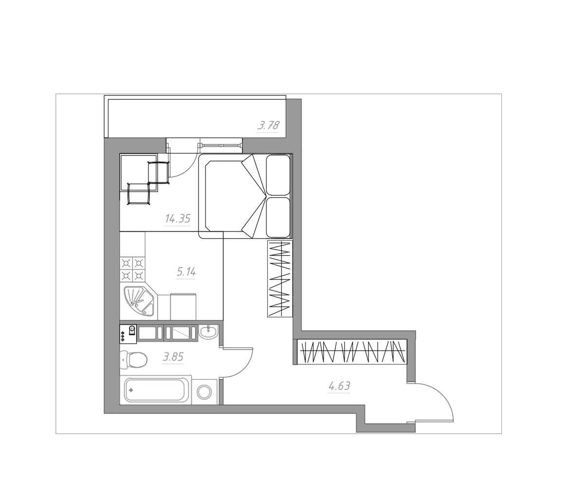 Планировка Студии 29.87 м² в ЖК «Огоньки», корпус 3