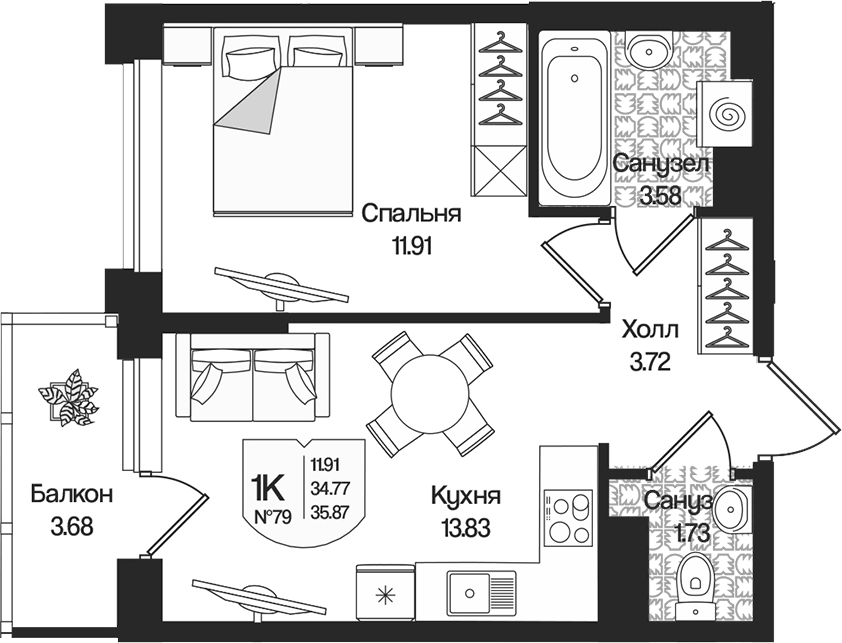 Планировка однокомнатная 35.87 м² в ЖК «Охтинские высоты», корпус 4