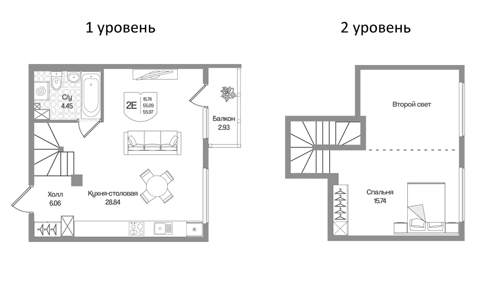 Планировка евродвушка (2Е) 55.97 м² в ЖК «Охтинские высоты», корпус 6