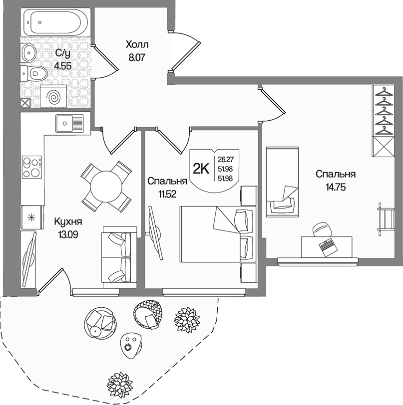 Планировка двухкомнатная 51.98 м² в ЖК «Охтинские высоты», корпус 6