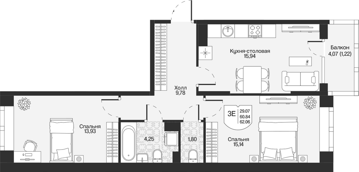 Планировка евротрёшка (3Е) 62.06 м² в ЖК «Охтинские высоты», корпус 2
