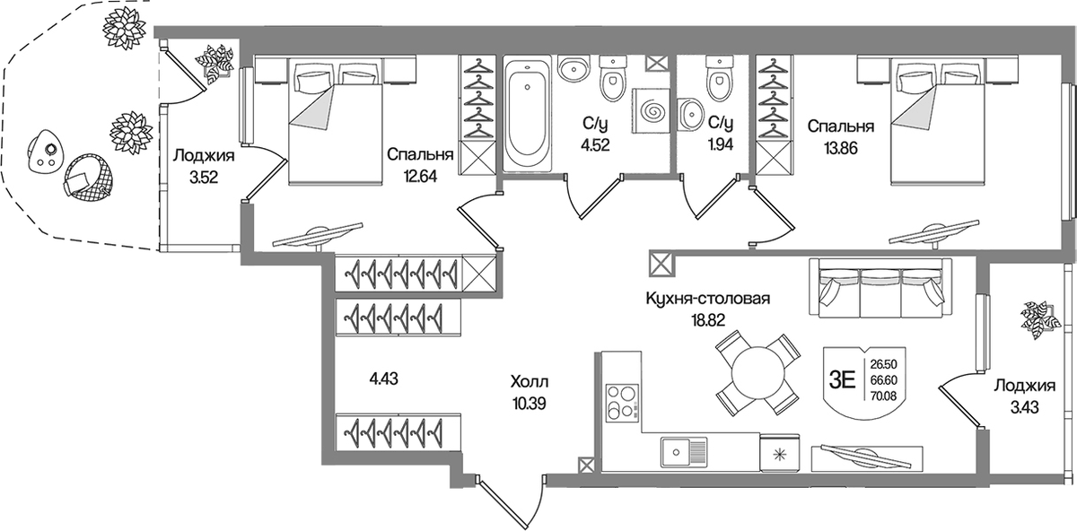 Планировка евротрёшка (3Е) 70.08 м² в ЖК «Охтинские высоты», корпус 6
