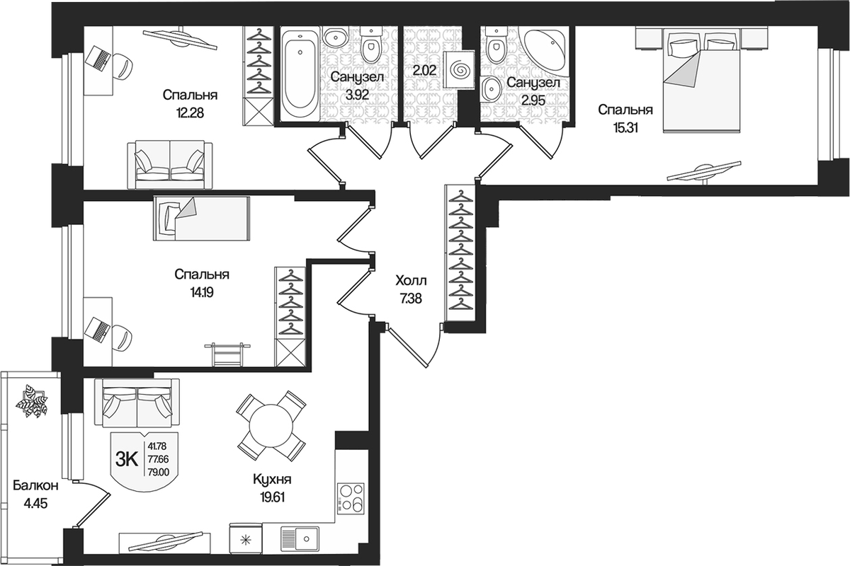 Планировка трёхкомнатная 79 м² в ЖК «Охтинские высоты», корпус 3