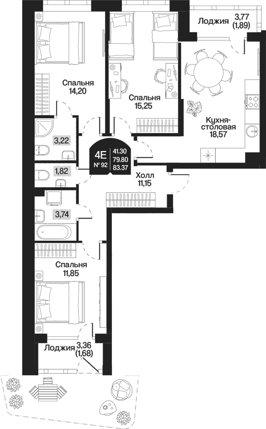 Планировка евро-4 (4Е) 83.37 м² в ЖК «Охтинские высоты», корпус 1