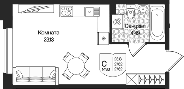 Планировка Студии 27.62 м² в ЖК «Охтинские высоты», корпус 4