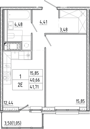 Планировка однокомнатная 41.71 м² в ЖК «Окла Вижн», корпус 5.3.2