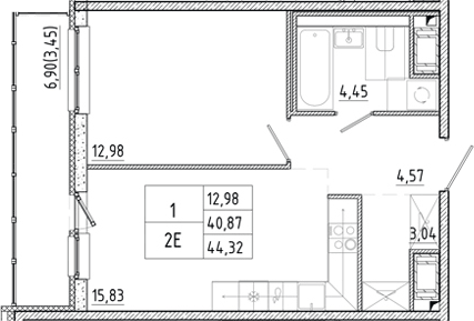 Планировка евродвушка (2Е) 44.32 м² в ЖК «Окла Вижн», корпус 5.3.2