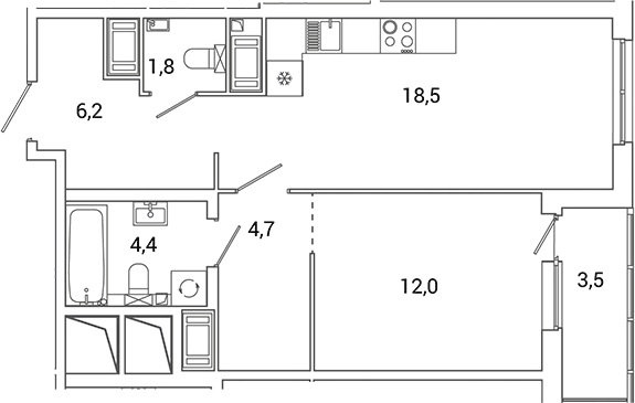 Планировка евродвушка (2Е) 49.2 м² в ЖК «Окла Вижн», корпус 5.3.1