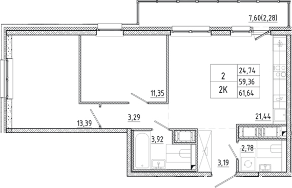 Планировка евротрёшка (3Е) 61.64 м² в ЖК «Окла Вижн», корпус 5.3.2