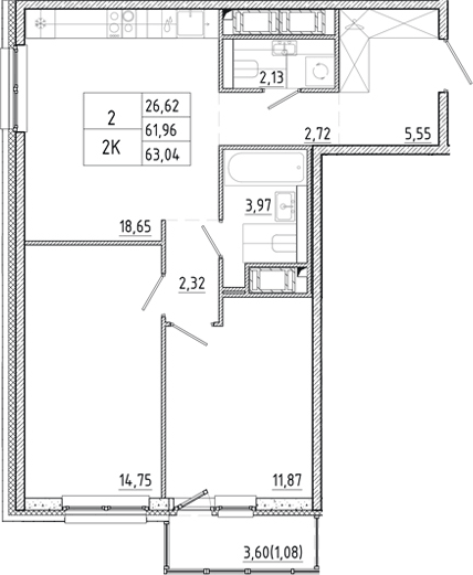 Планировка евротрёшка (3Е) 63.04 м² в ЖК «Окла Вижн», корпус 5.3.2