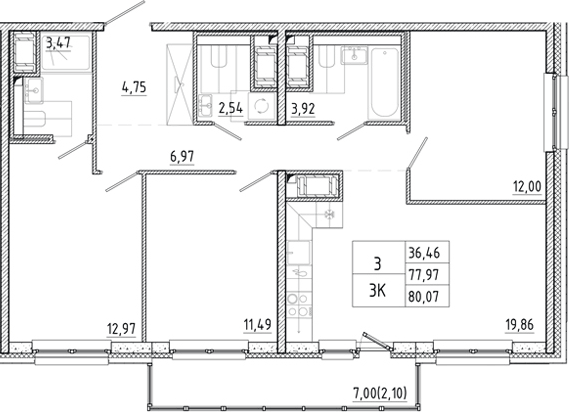 Планировка евро-4 (4Е) 80.07 м² в ЖК «Окла Вижн», корпус 5.3.2